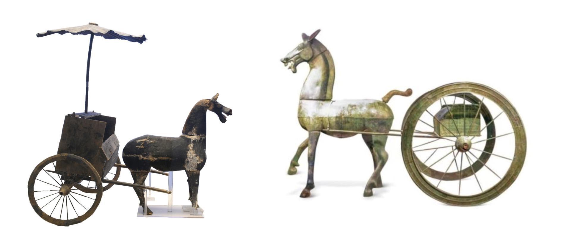 △左為漢代木軺車，藏于青海省博物館；右為東漢銅車馬，藏于黔西南州博物館。